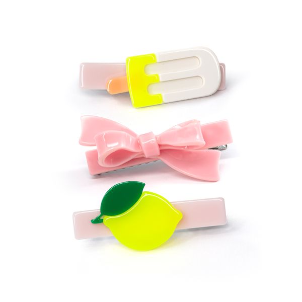 Lemon Pink Bow Popsicle Trio Hair Clip Set - SUM24