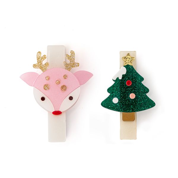 Reindeer Pink and Tree Hair Clips