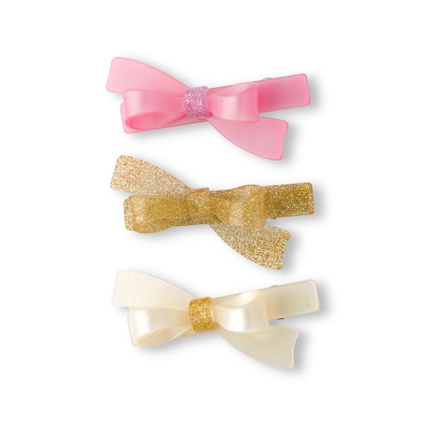 Bows Pink Glitter Gold and Pearl Hair Clips