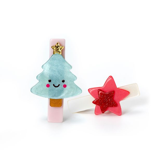 Tree Happy and Star Red Hair Clips