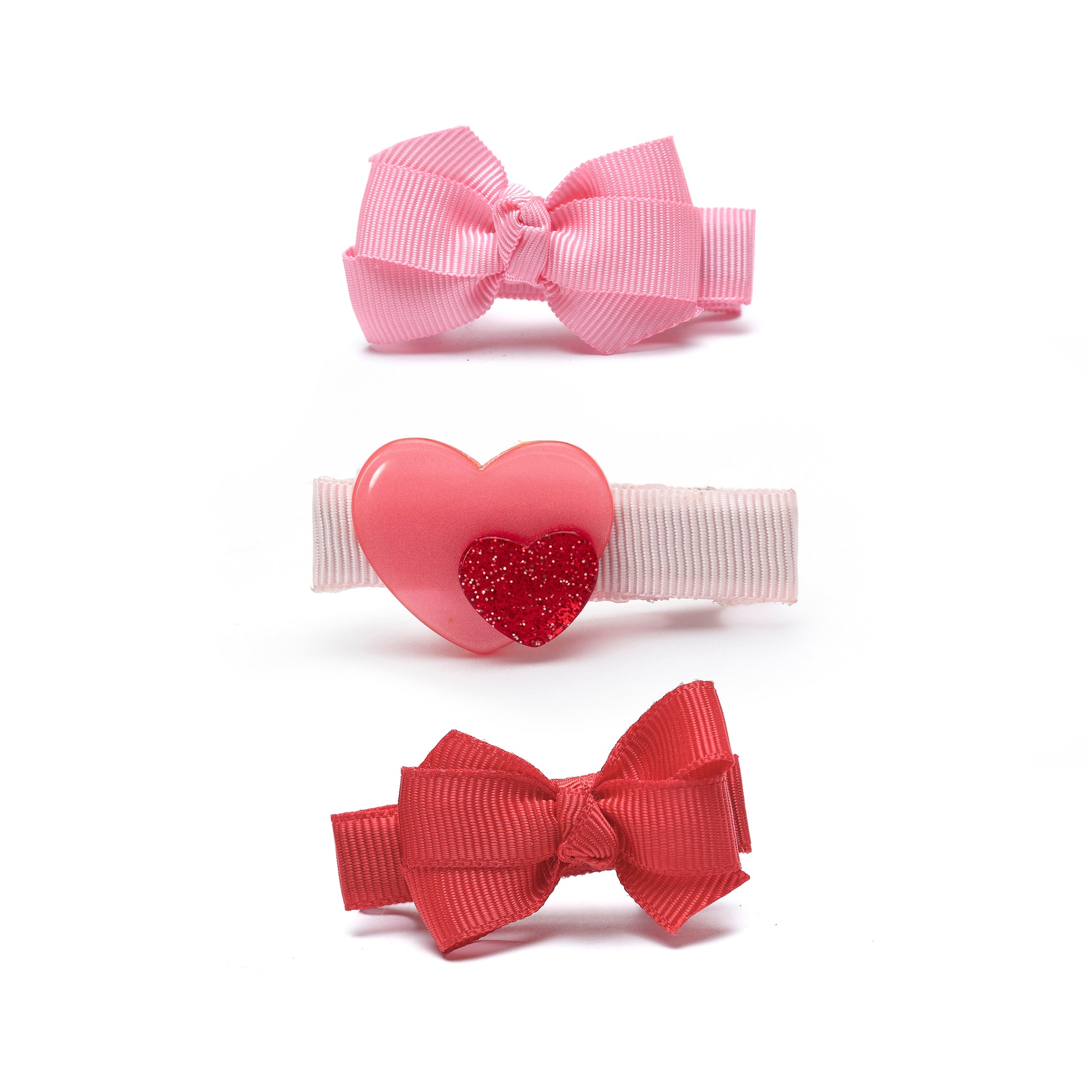 VAL25- Baby Heart Double & Fabric Bow Red Pink Hair Clips