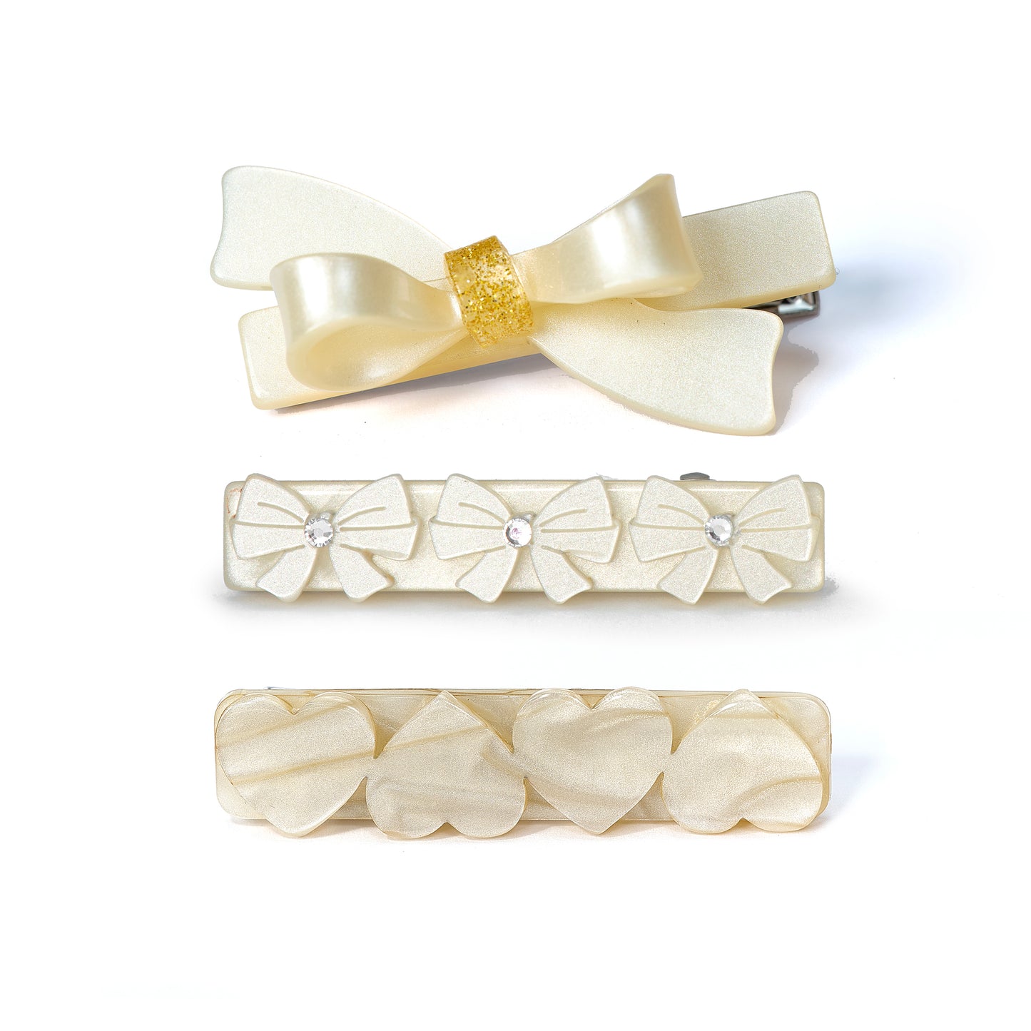 VAL25 - Bows and Hearts Pearl White Hair Clips