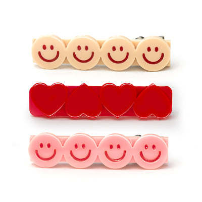 Happy Faces Hearts Pink Red Hair Clips - BTS24