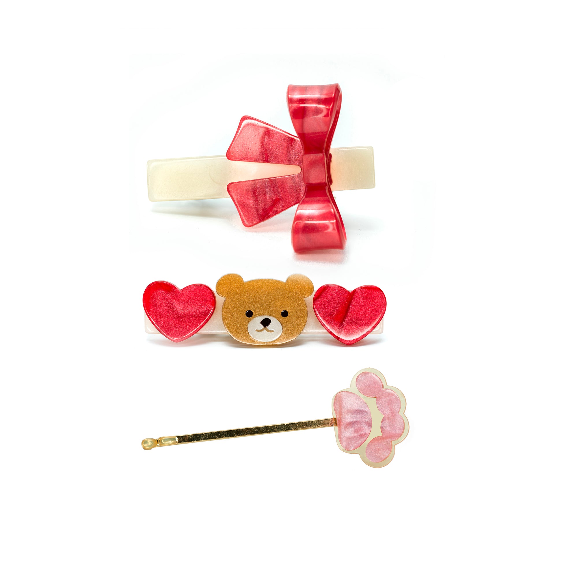 Bear Hearts Red & Bow Hair Clips Set -VAL24