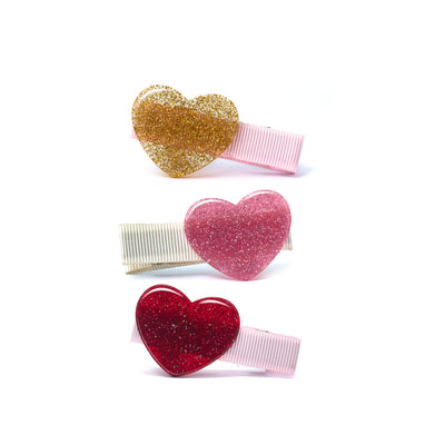 VAL25 - Baby Hearts Glitter Fabric Bows Pink Hair Clips