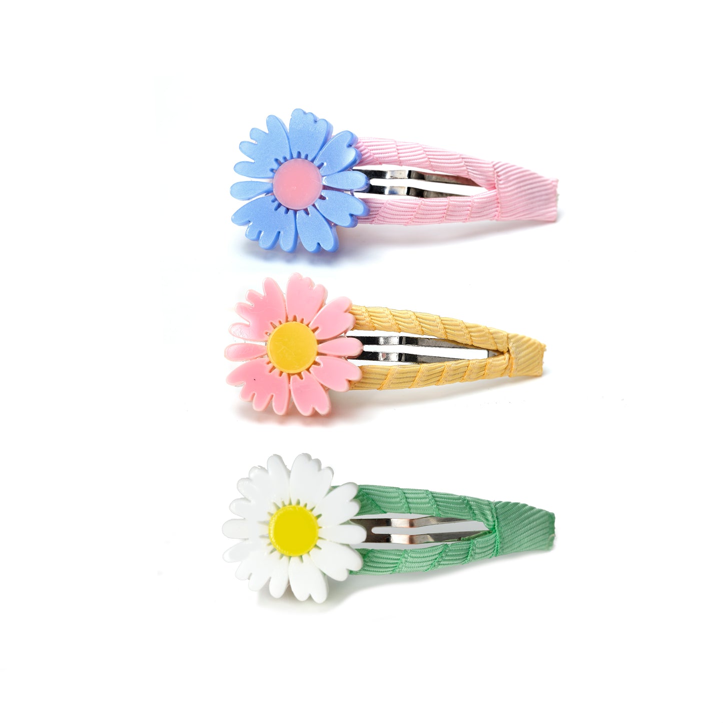 SPR - Daisies White Blue Pink Fabric Covered Snap Clips