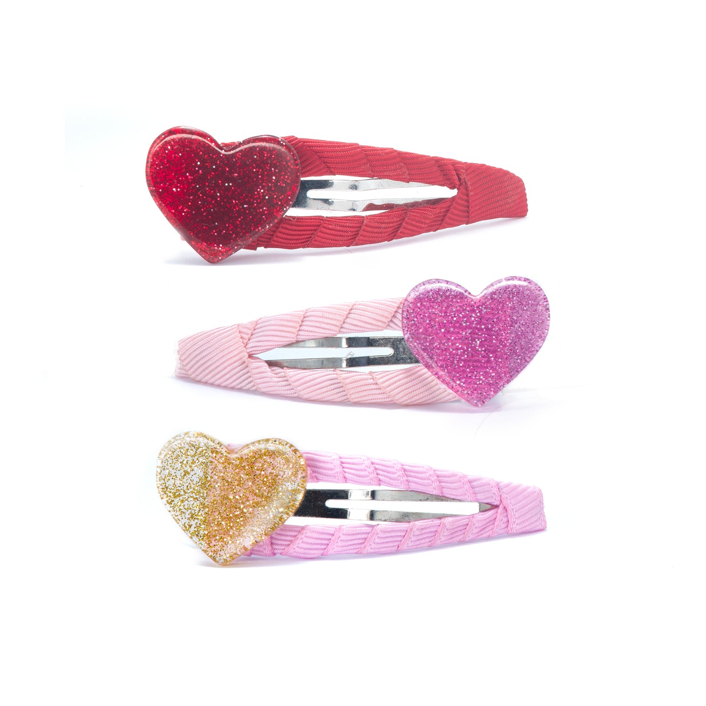 VAL25 - Hearts Glitter Gold Pink Red Fabric Covered Snap Clips