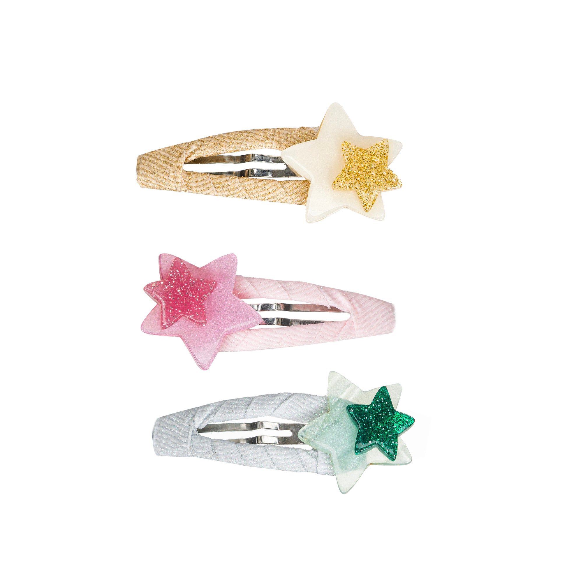 Set of three hair snap clips adorned with stars at the end. One in yellow, one in pink and one in green. 