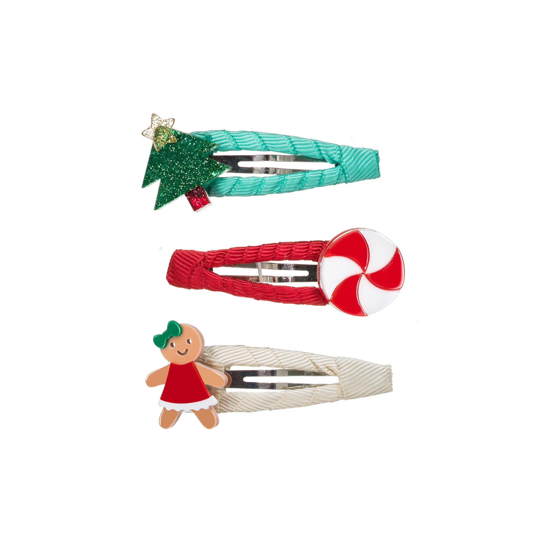 Set of three adorned snap clips. One has a Christmas tree, one has a twist candy and one with a gingerbread cookie. 