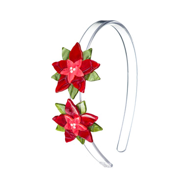 Clear acrylic headband adorned with two red and green glitter poinsettias on the side.