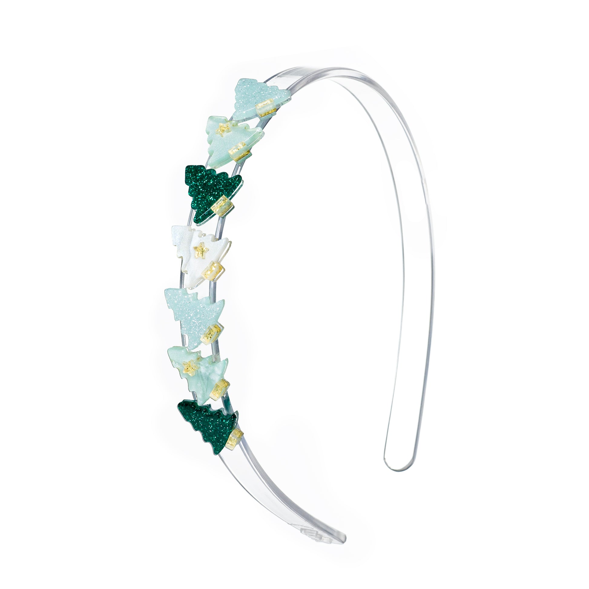 Clear acrylic headband adorned with seven small Christmas trees in different shades of green.