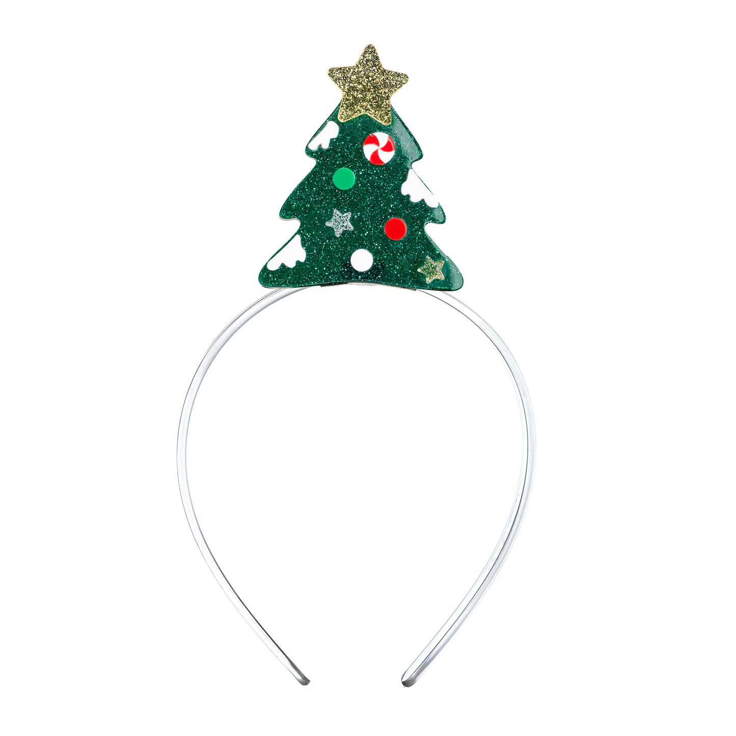 Clear acrylic headband with adorned with a green and gold glittery christmas tree on top, tiara style