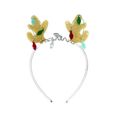 Clear acrylic headband with gold glitter reindeer antlers and Christmas light around them. 