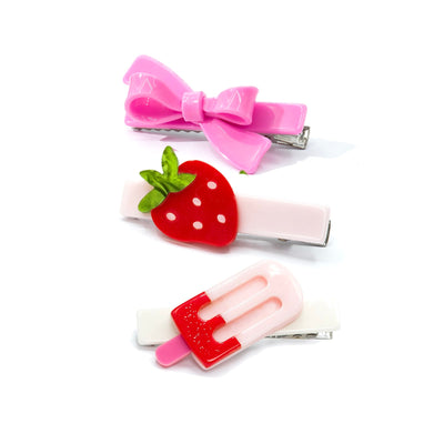 Popsicle Strawberry Pink Bow Hair Clips Combo - SUM24