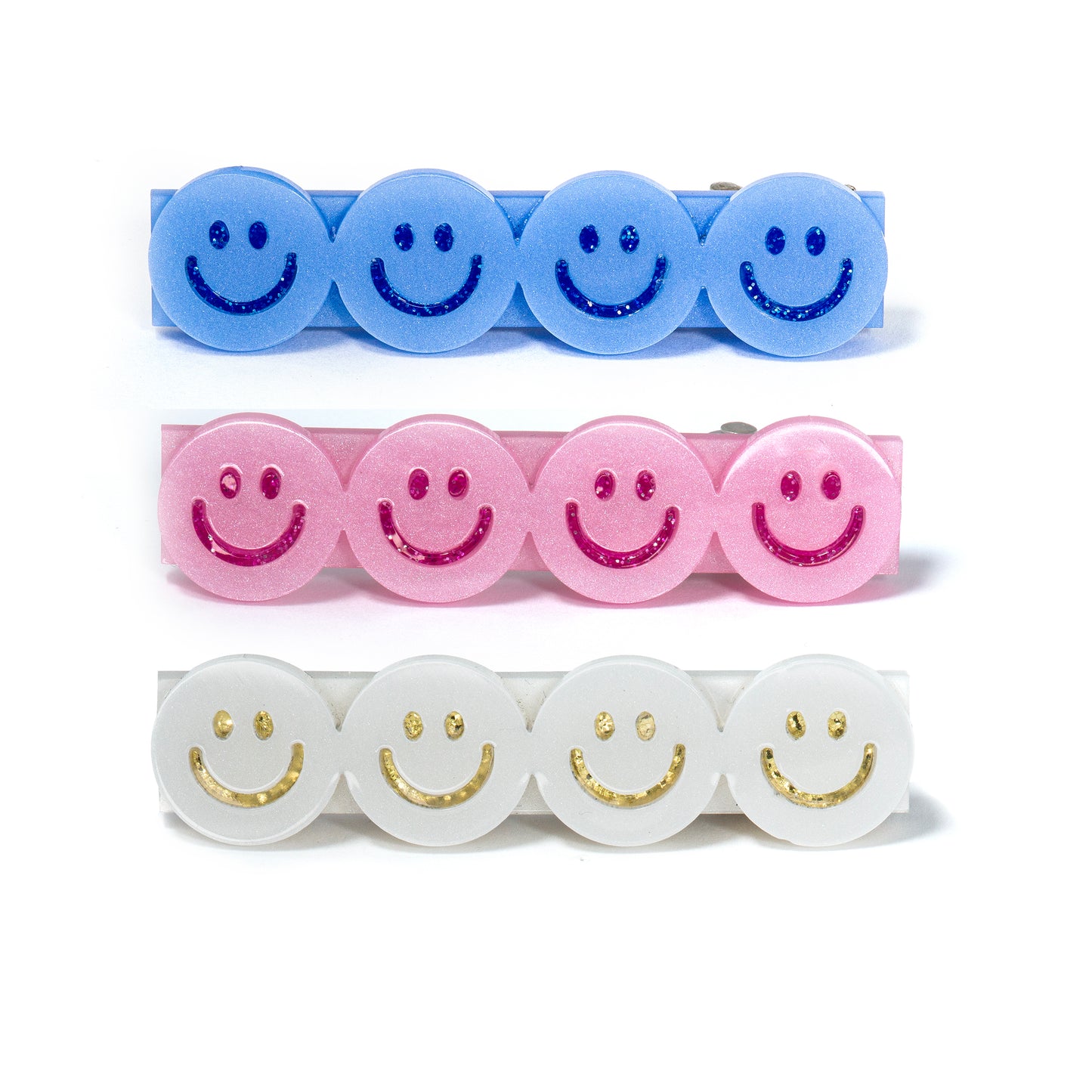 Happy Faces Satin Blue White Pink Hair Clips - BTS24