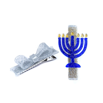 HOL- Menorah Blue/ Silver Glitter Alligator Clips